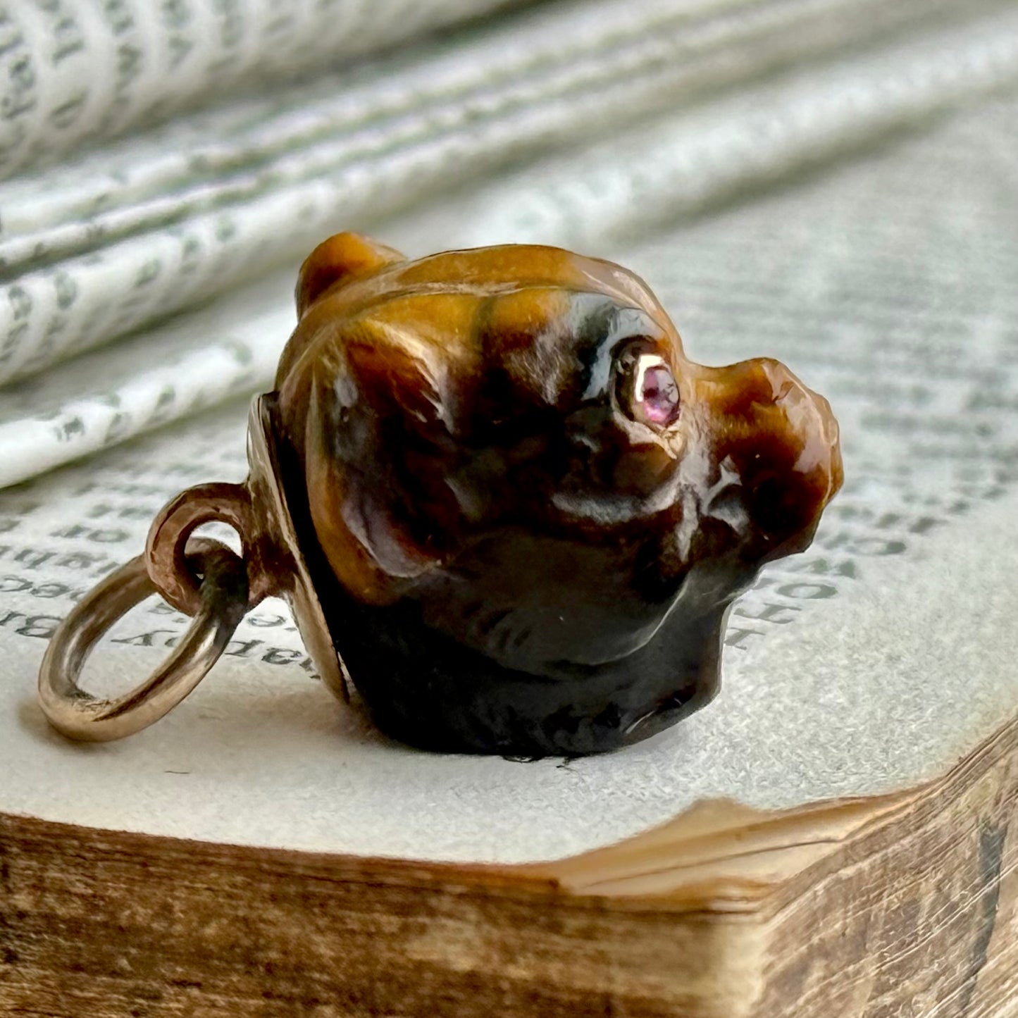 Antique Carved Tiger's Eye Pug Pendant With Ruby Eye's