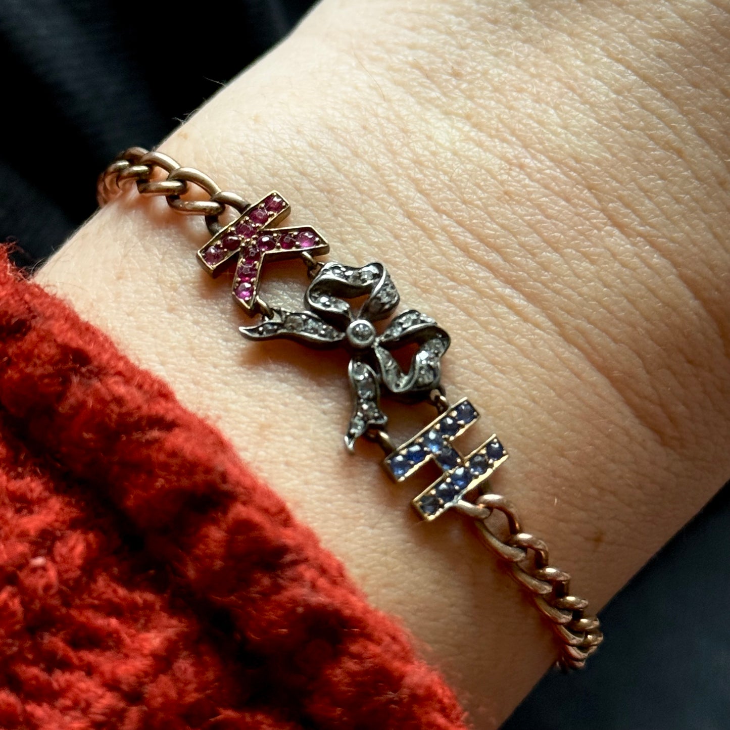 Antique 'K H' Diamond, Ruby & Sapphire Bracelet in 9 Carat Gold
