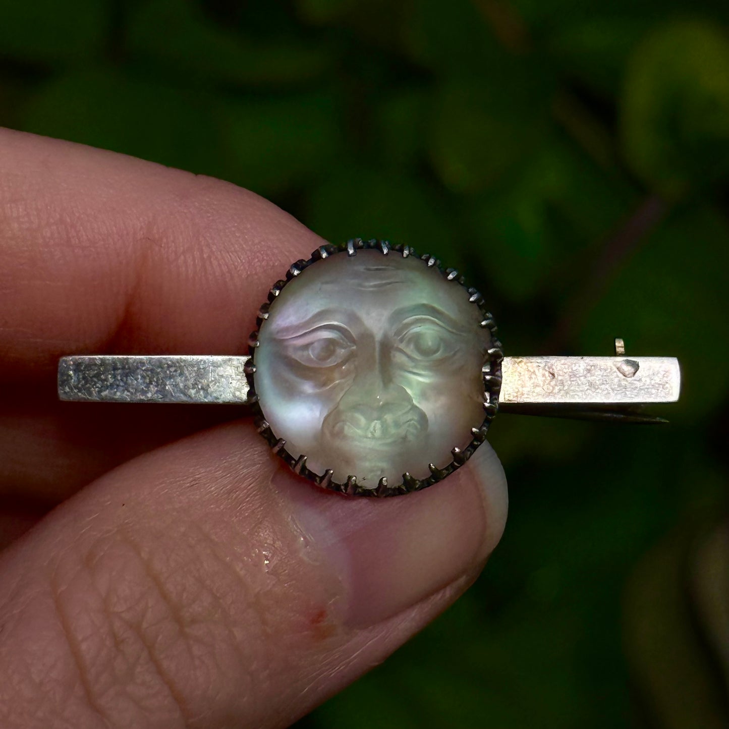 Victorian Man in the Moon Silver Brooch