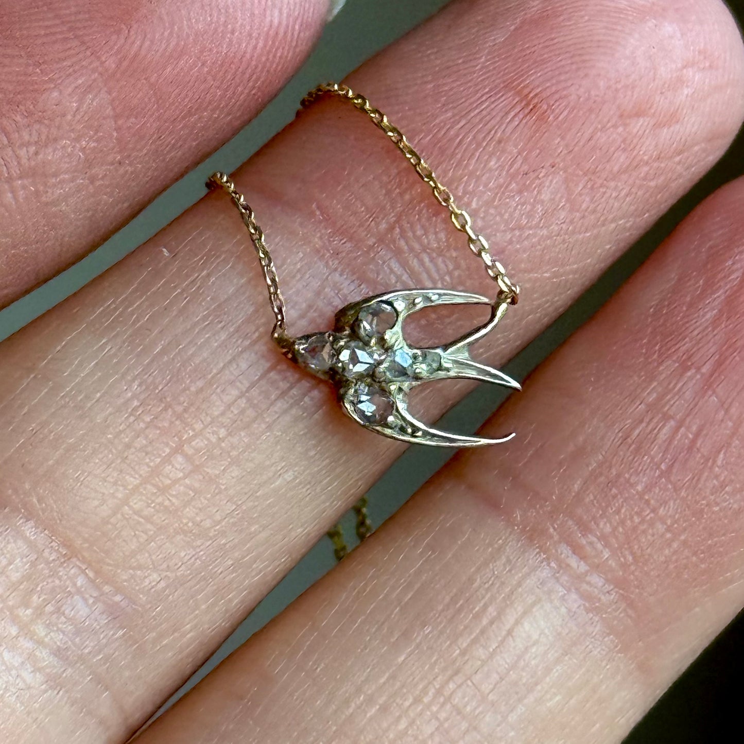 Rose Cut Diamond Swallow Necklace in 9 Carat Gold