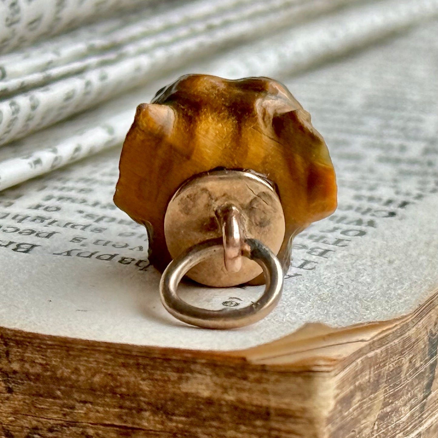 Antique Carved Tiger's Eye Pug Pendant With Ruby Eye's