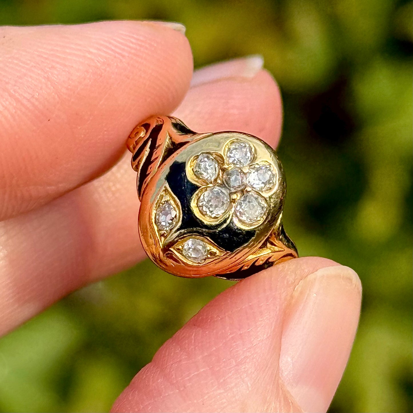 Antique Victorian Diamond Mourning Ring in 18 Carat Gold; Circa 1863