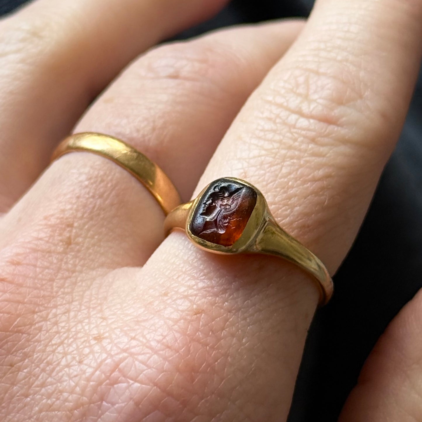 Edwardian 18 Carat Gold Intaglio Ring Depicting the Goddess Diana, Circa 910