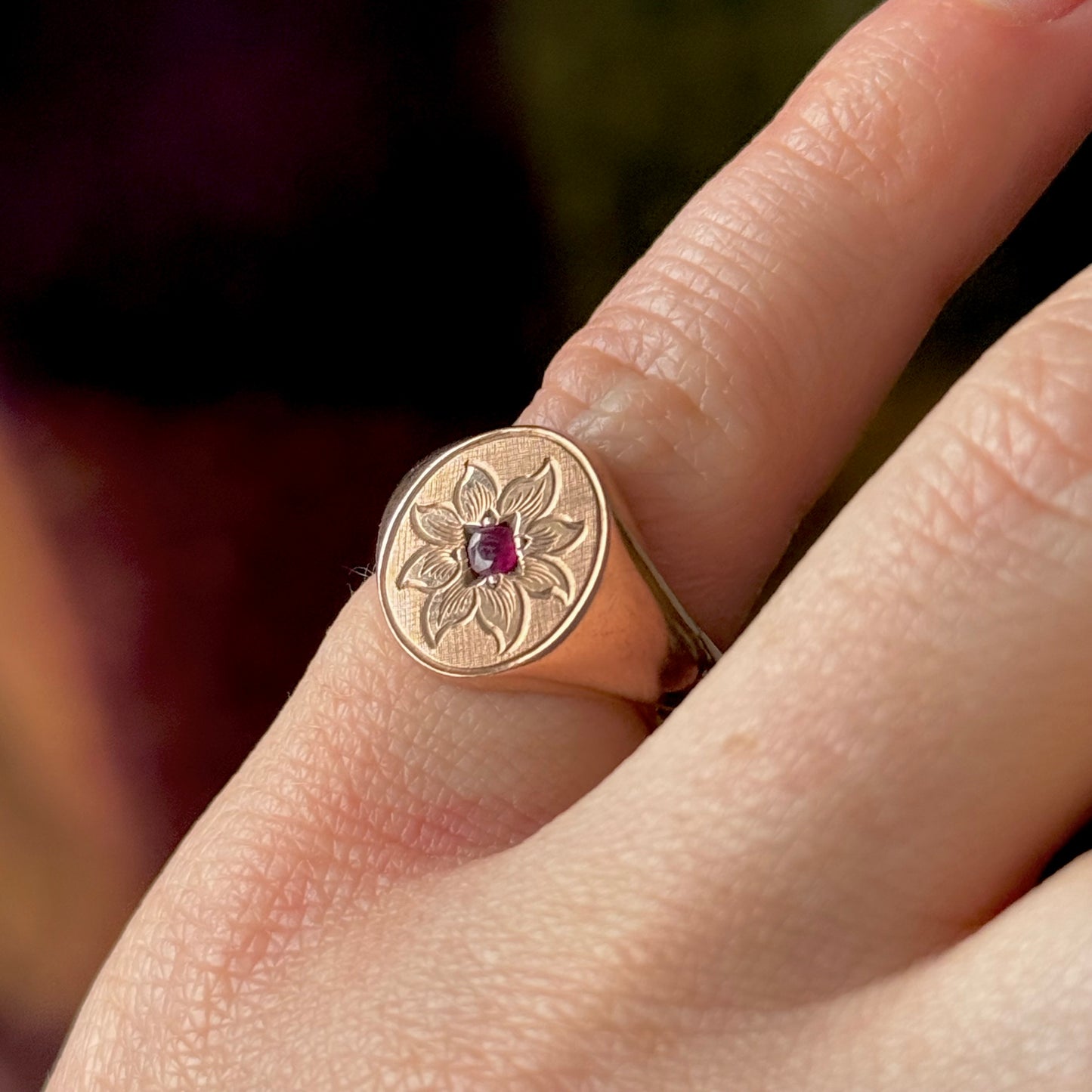 Antique Ruby Floral Signet Ring in 9 Carat Rose Gold; Circa 1919