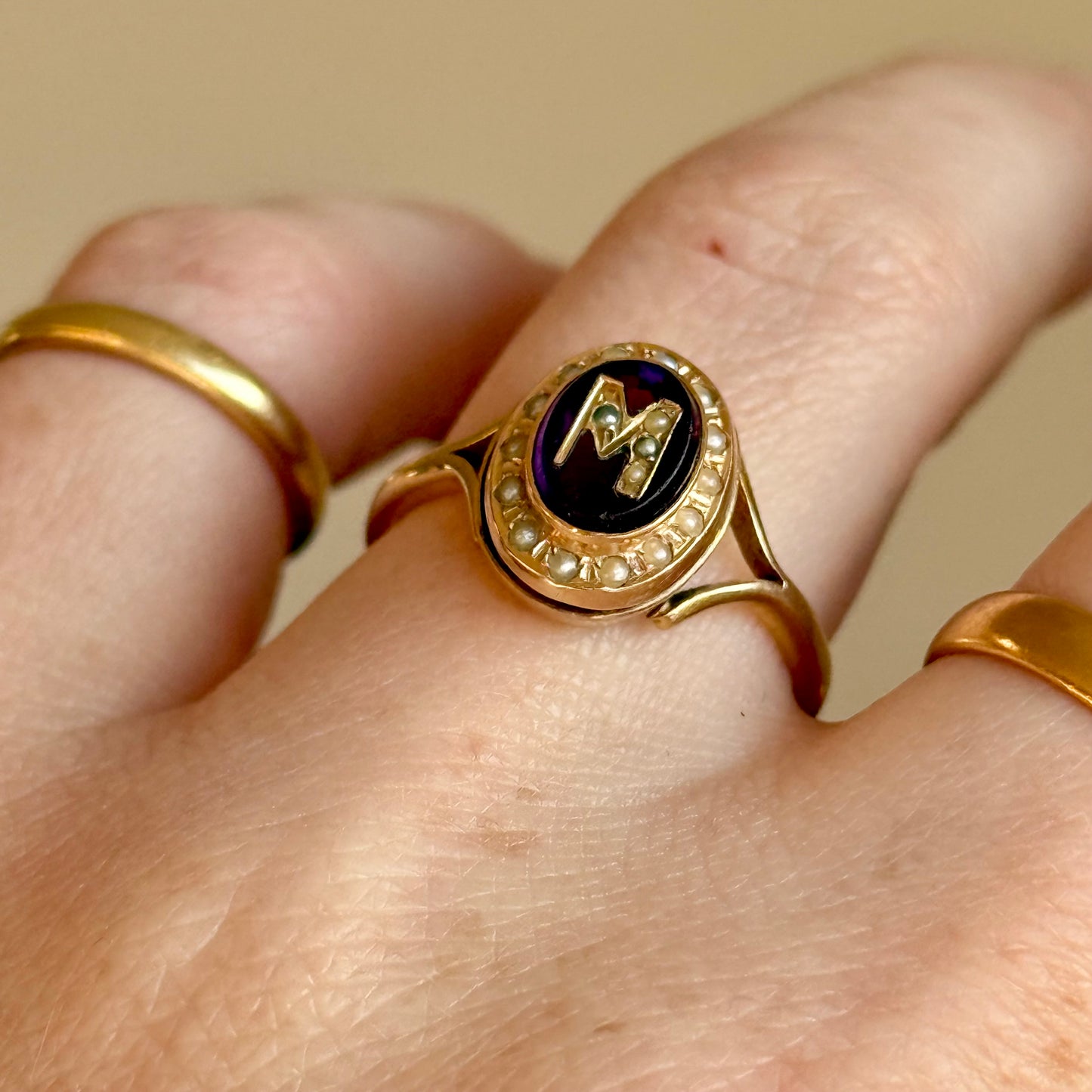 Antique Purple Paste & Pearl Initial 'M' Ring in 9 Carat Gold