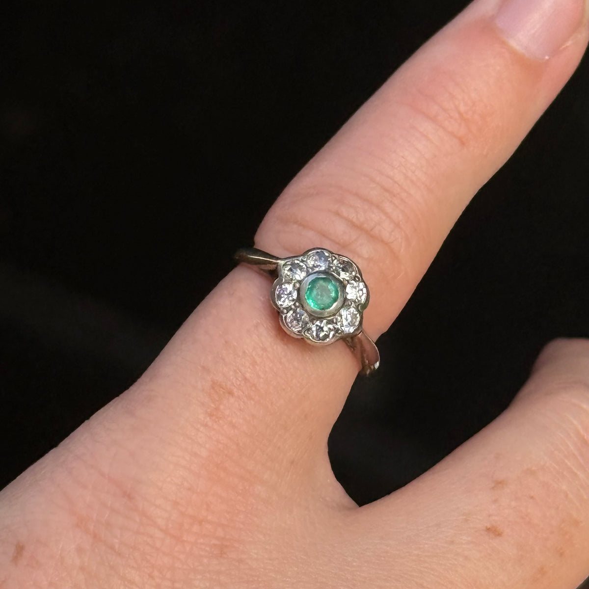 Antique Emerald & Diamond Cluster Ring; Circa 1895