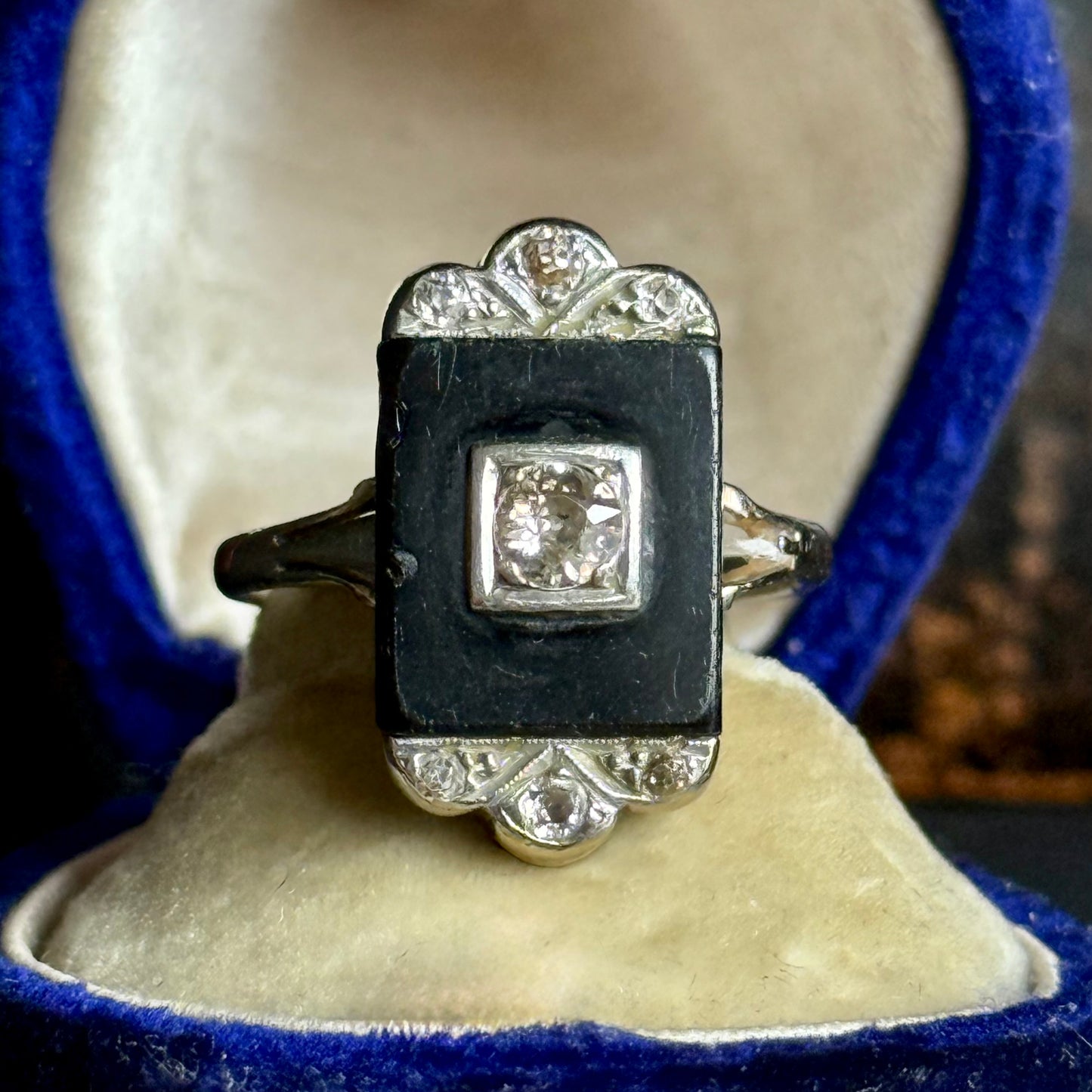 Antique Art Deco Onyx & Diamond Ring; Circa 1920