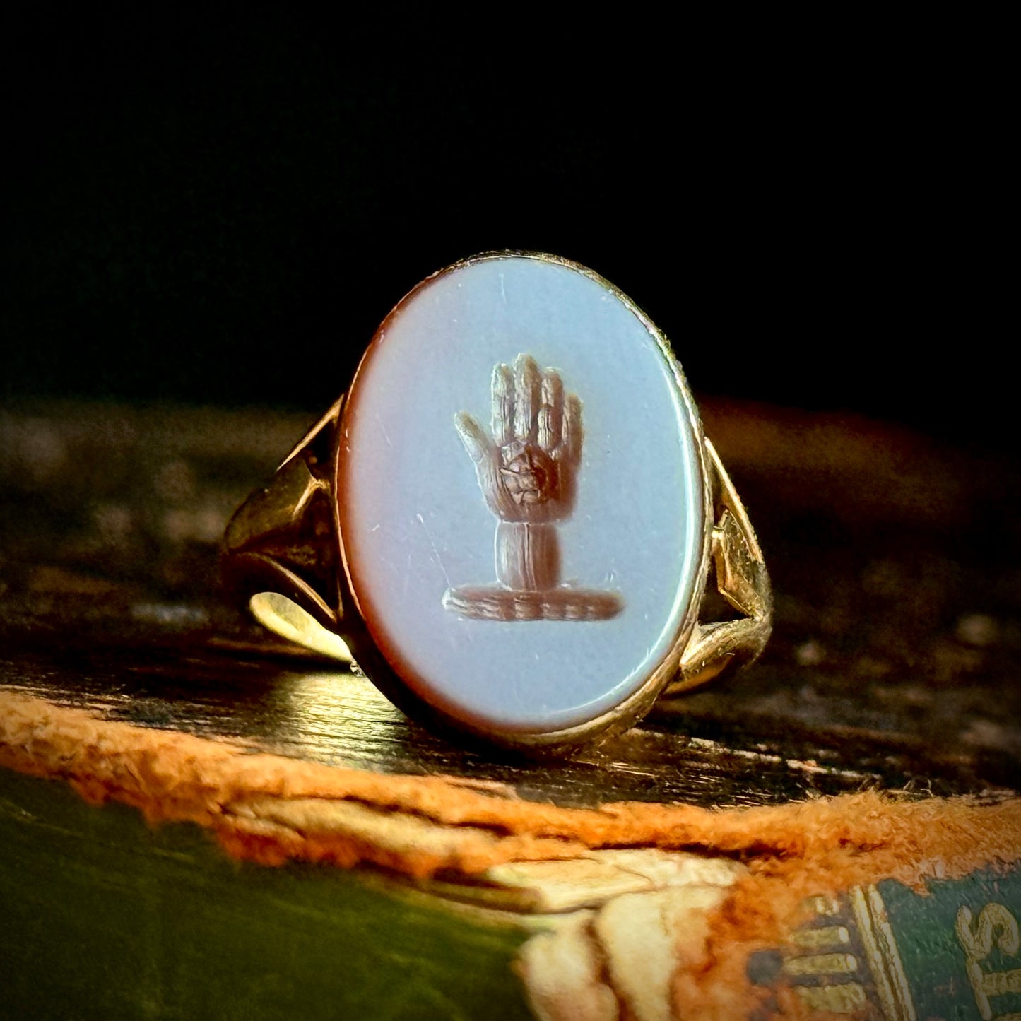 Tiny Sardonyx Hand Intaglio Ring in 9 Carat Gold; Circa 1980