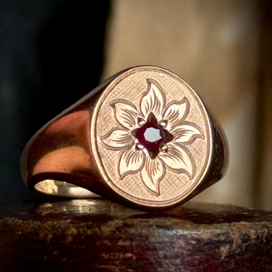 Antique Ruby Floral Signet Ring in 9 Carat Rose Gold; Circa 1919