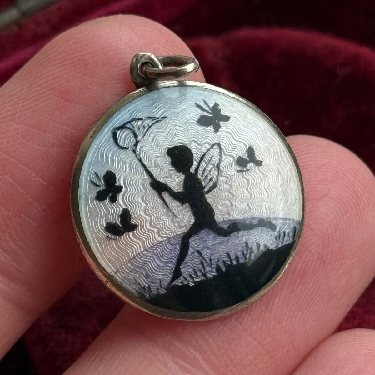 Antique Norwegian Enamel Fairy Pendant in Silver; Circa 1900