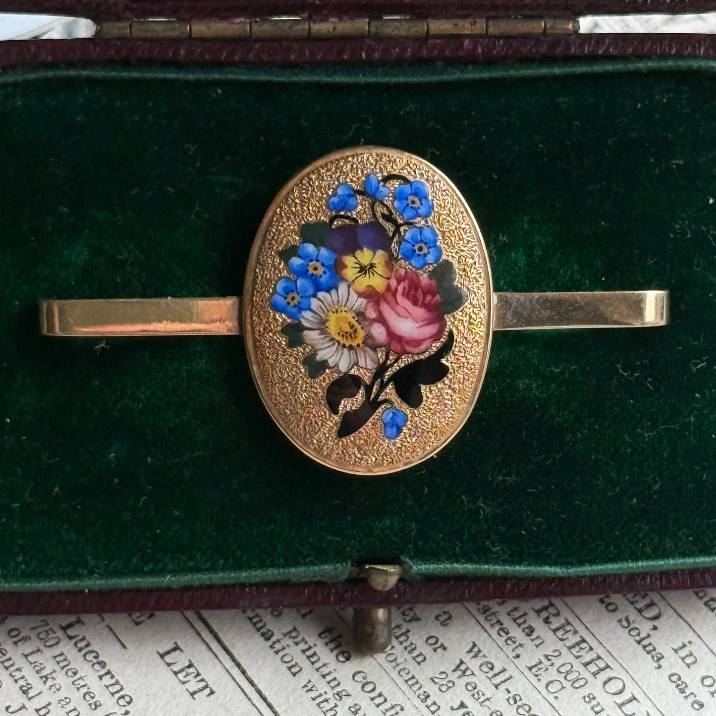 Boxed Antique Enamel Floral Brooch in 9 Carat Gold
