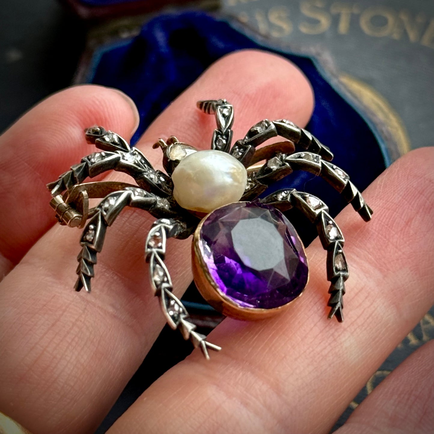 Victorian Diamond, Amethyst & Pearl Spider Brooch; Circa 1890