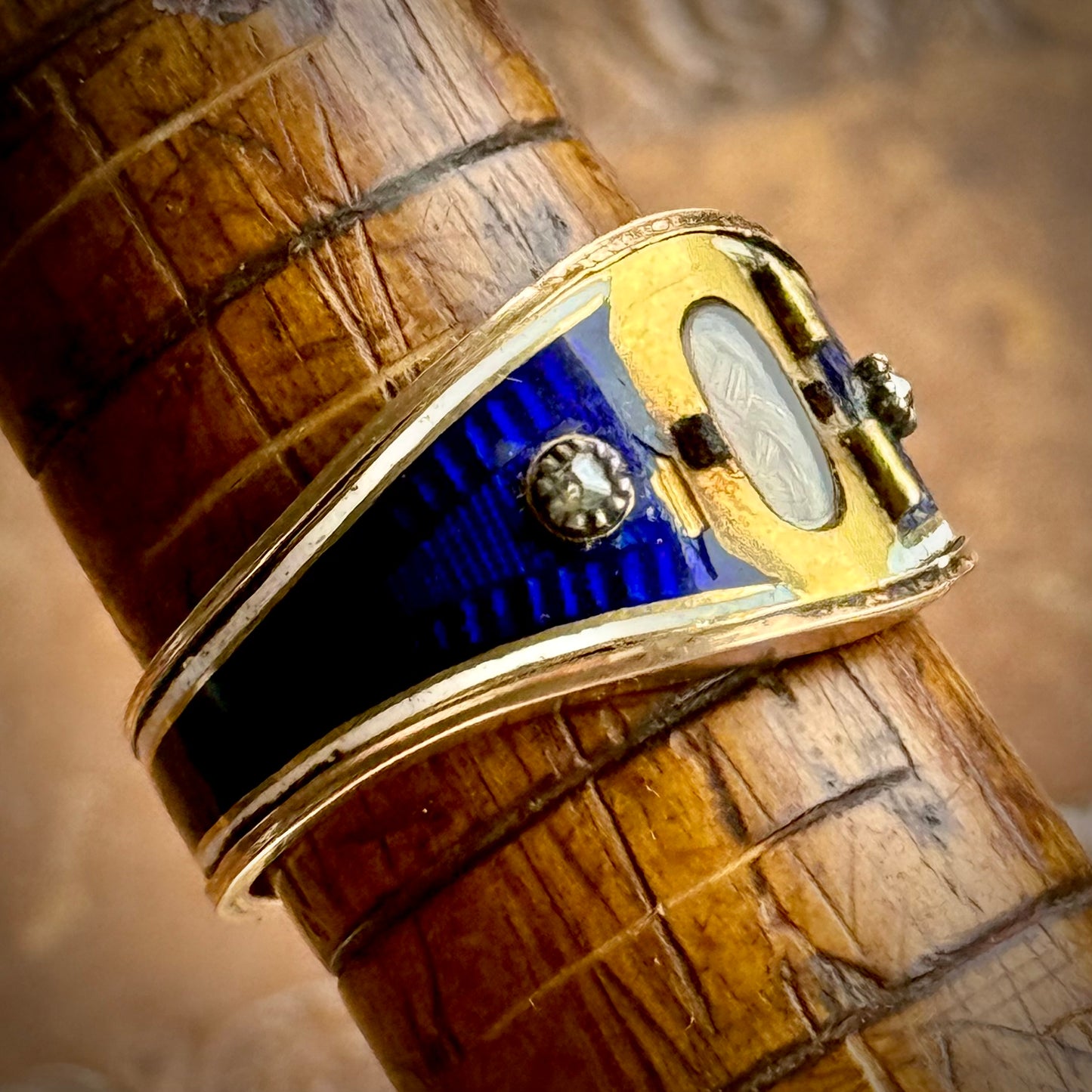 Antique Diamond & Enamel Locket Ring in 15 Carat Gold; Circa 1837