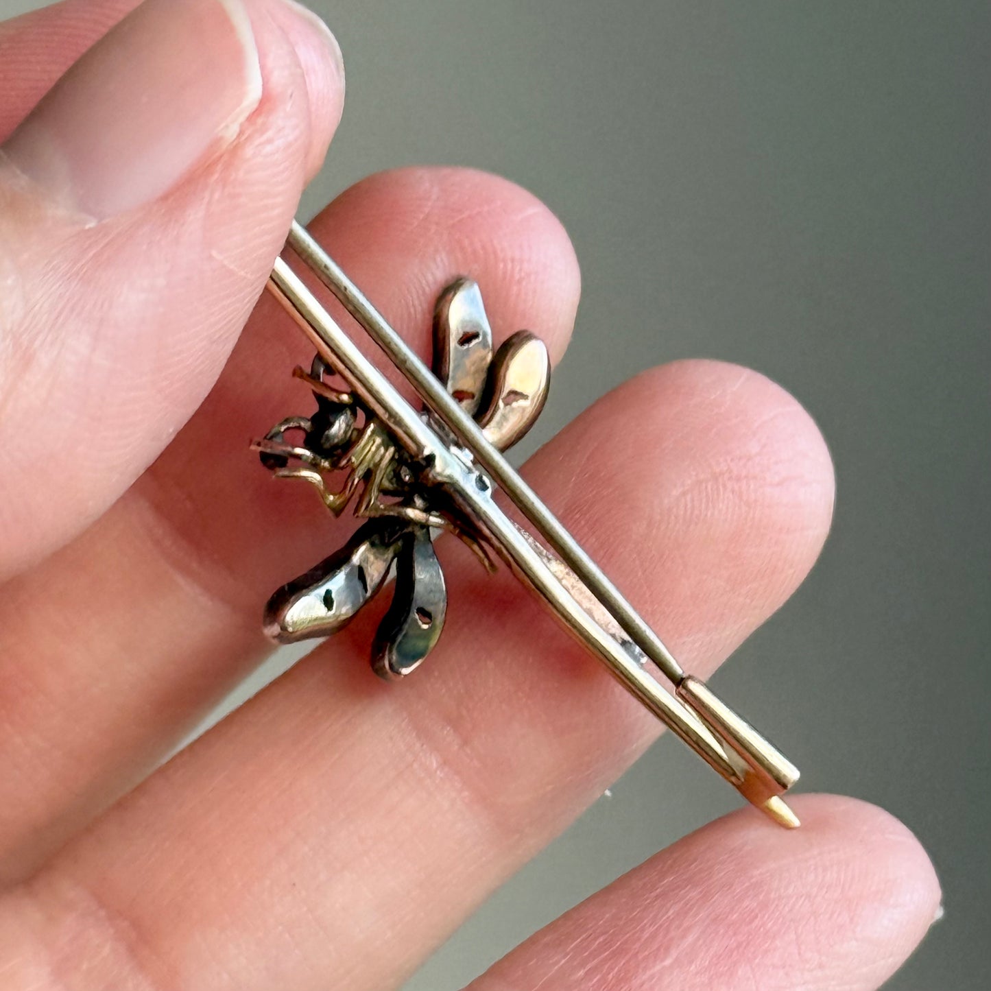 Victorian Diamond, Garnet & Pearl Dragonfly Brooch; Circa 1890