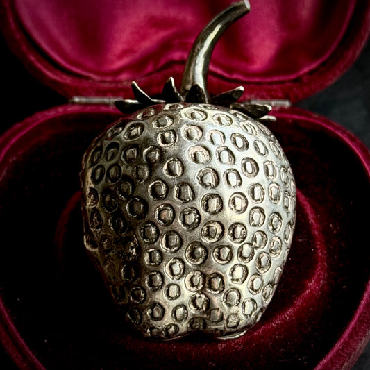 Antique Life-Size Strawberry Vesta Box in Silver