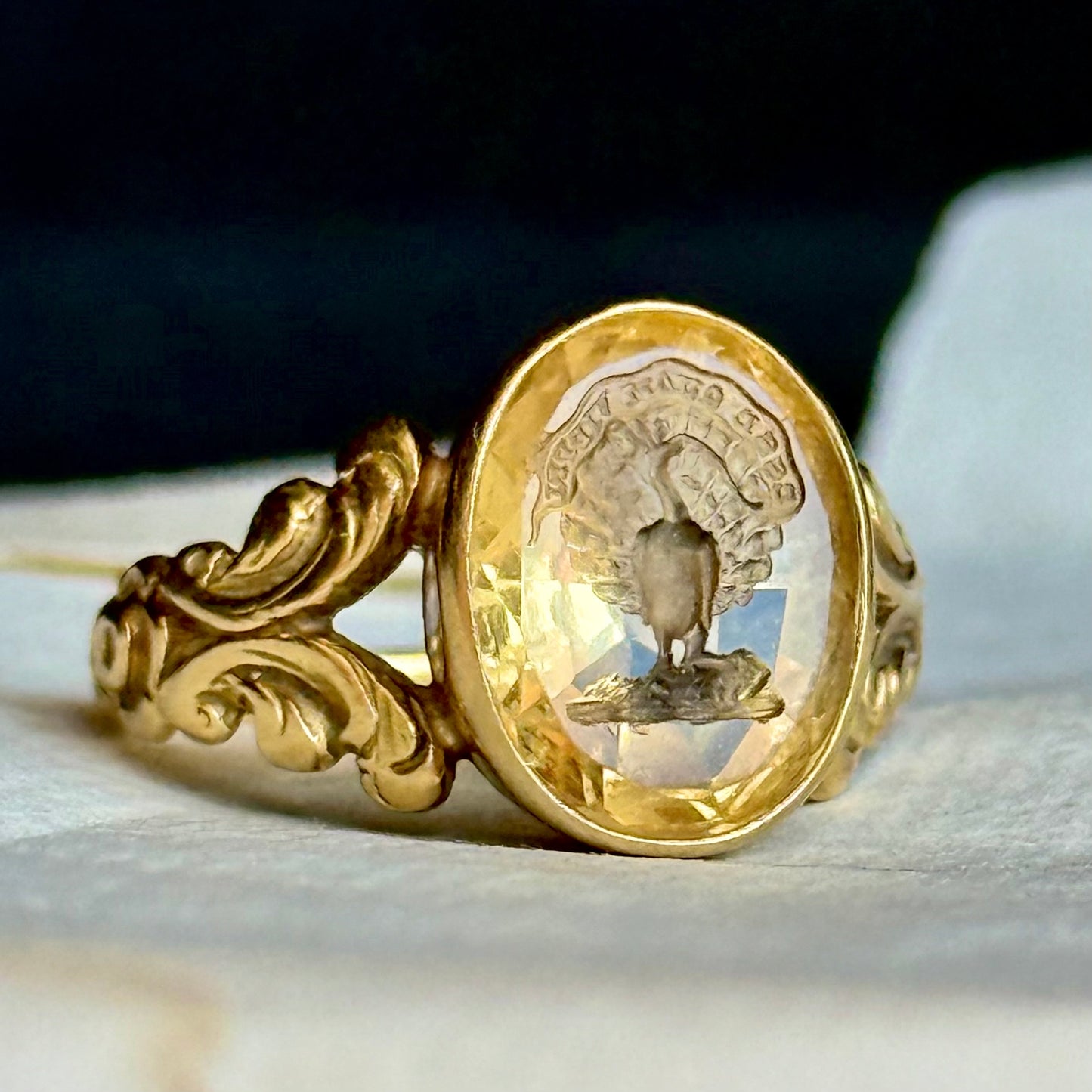 Sublime Citrine Intaglio Peacock Ring in 18 Carat Gold