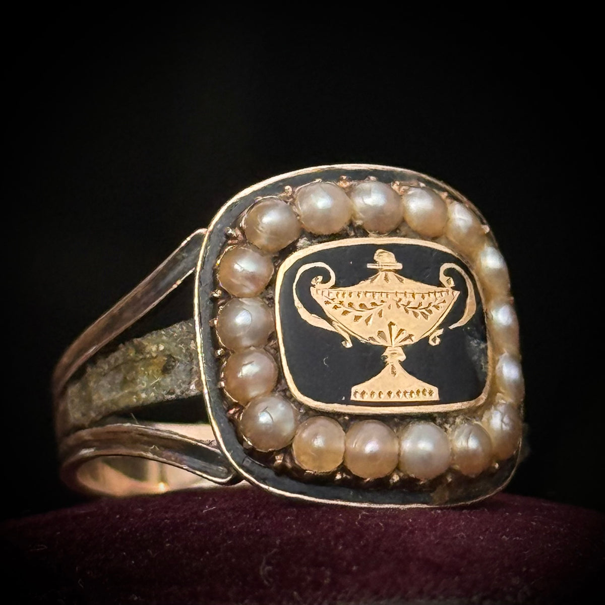 Antique Georgian Urn Mourning Ring in 9 Carat Gold; circa 1820