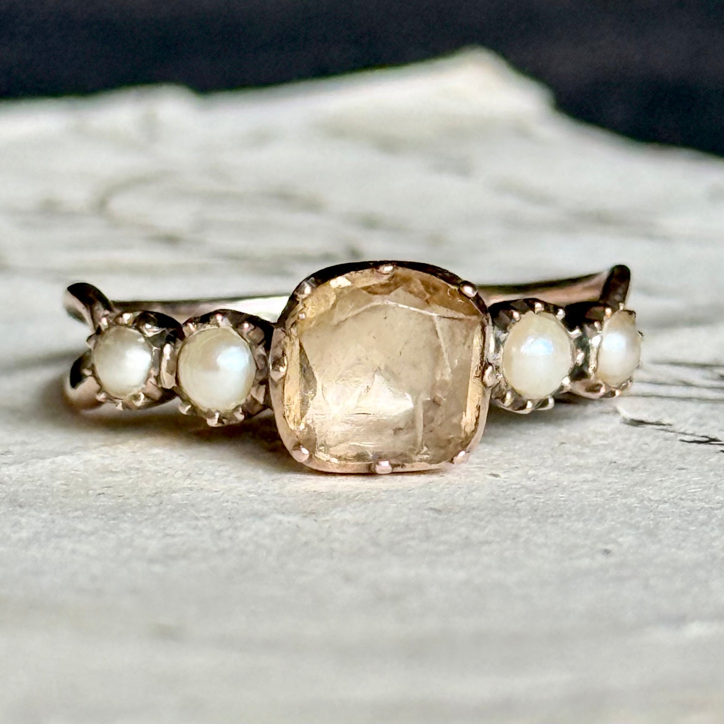 Antique Georgian Quartz & Pearl Ring in 9 Carat Gold