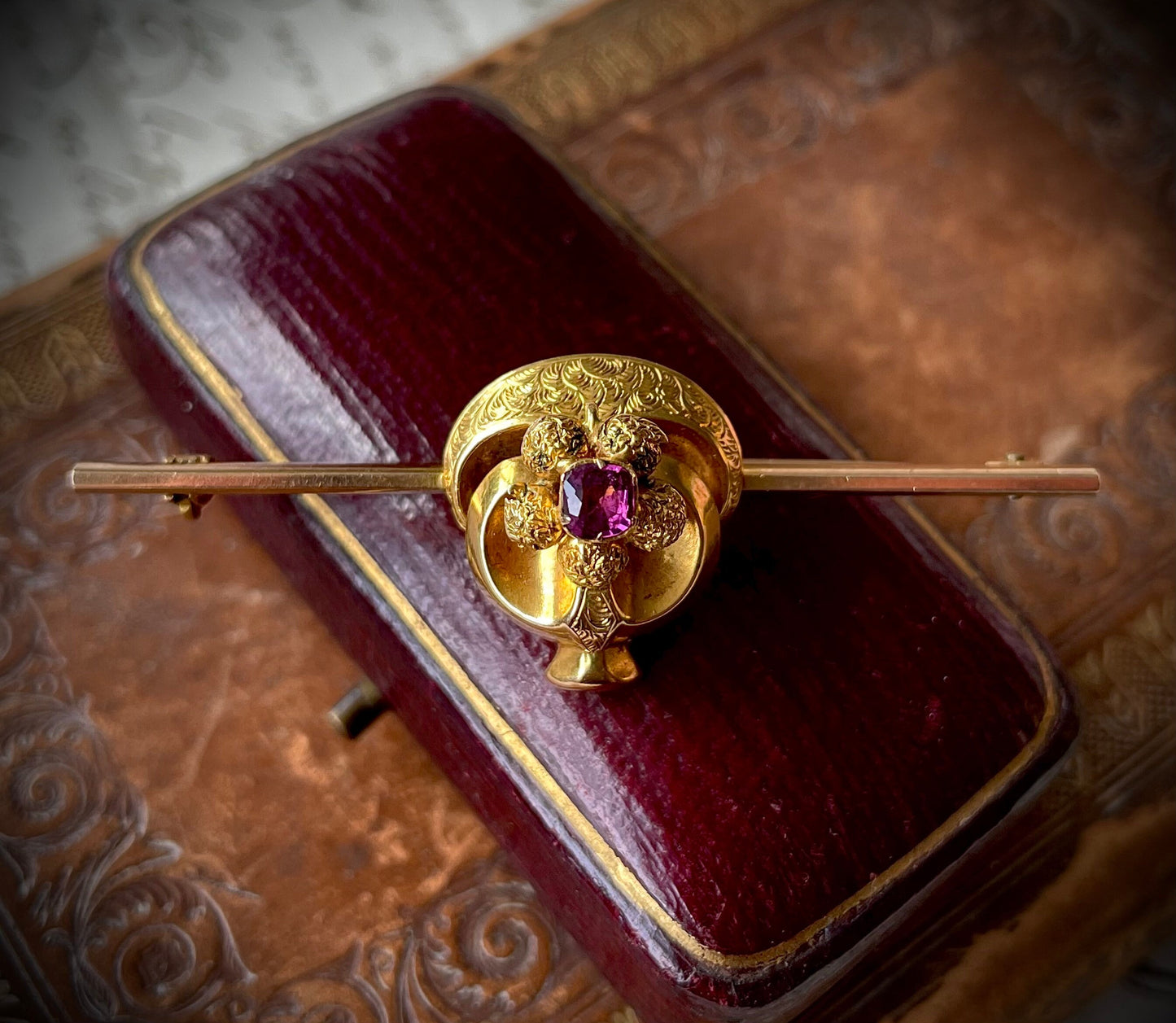 Victorian Heavy Almandine Garnet 9 Carat Gold Brooch; Circa 1880s