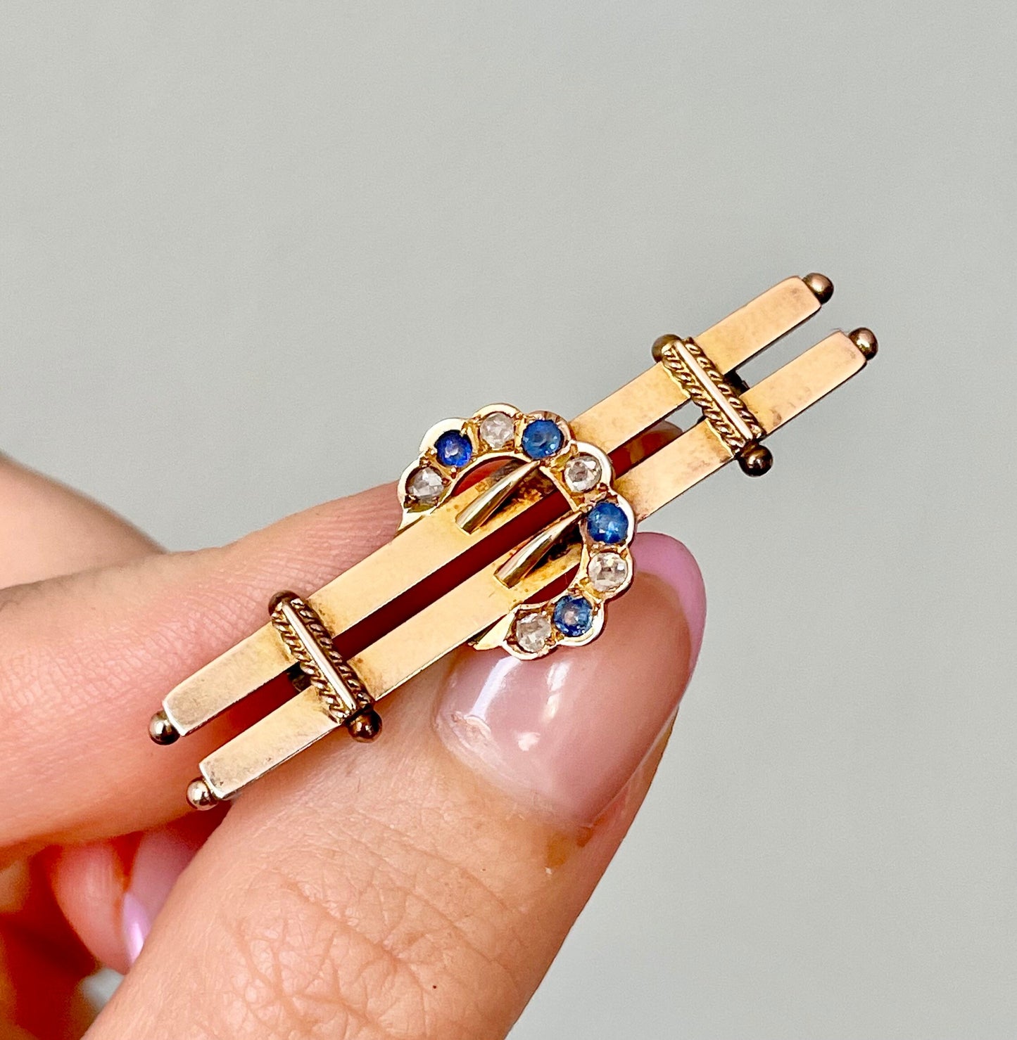 Antique Sapphire & Diamond Brooch in 9 Carat Gold; Circa 1901