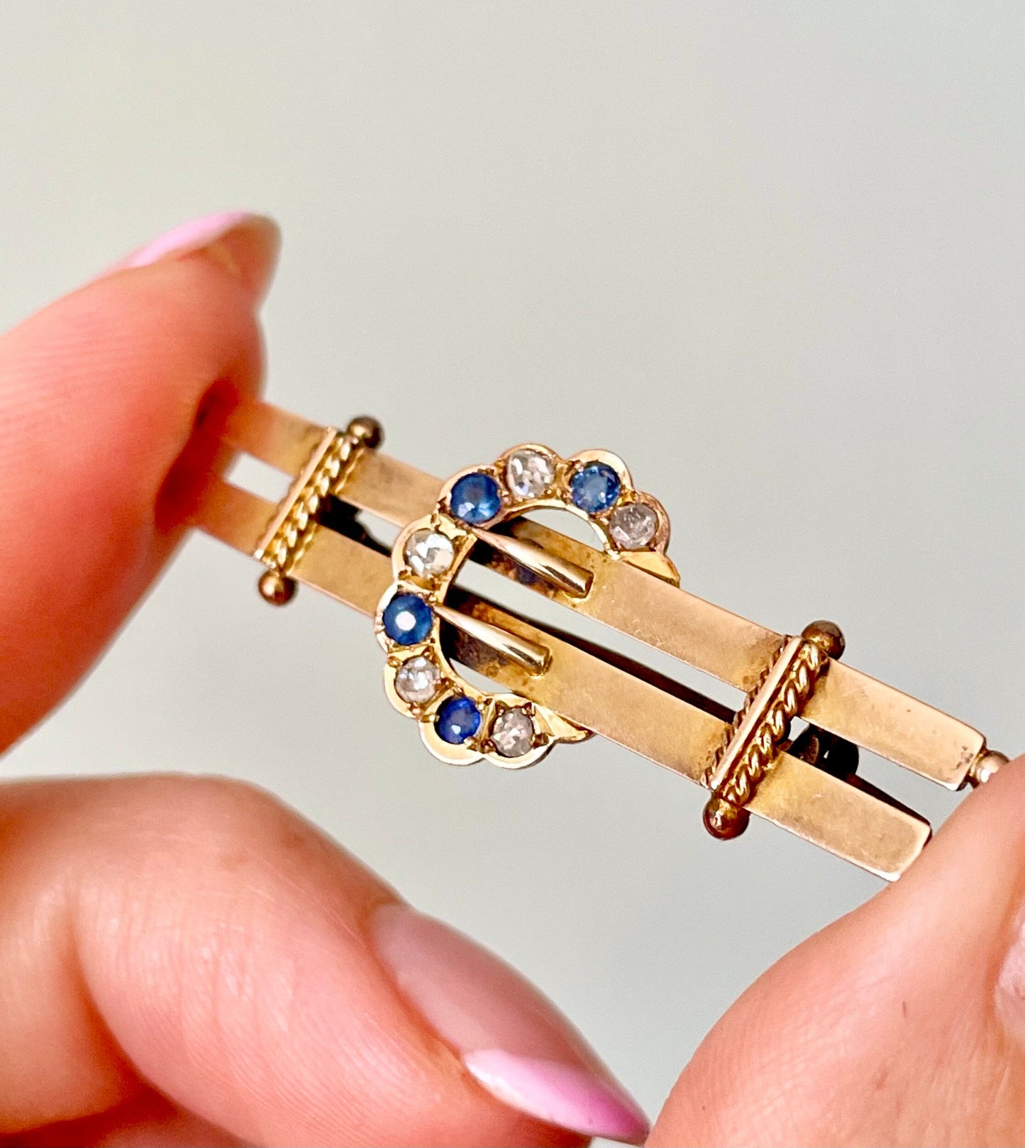Antique Sapphire & Diamond Brooch in 9 Carat Gold; Circa 1901