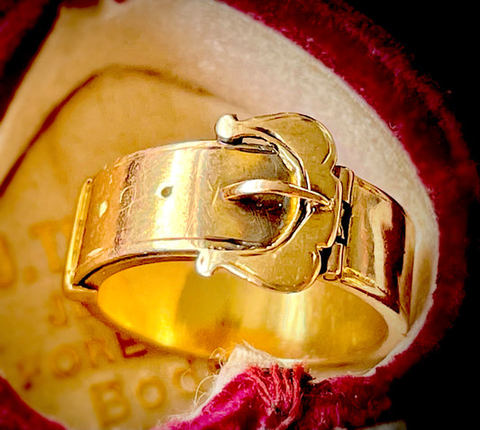 RARE Victorian Mourning Buckle Locket Ring with Engraving in 18 Carat Gold; Circa 1880