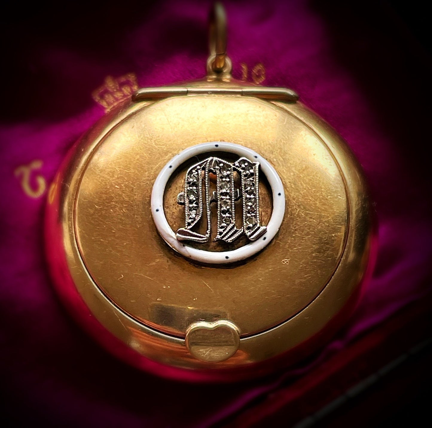 Antique Diamond & Enamel Initial M Compact in 9 Carat Gold; Circa 1911