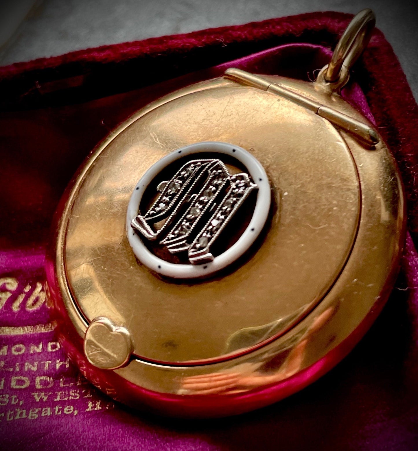 Antique Diamond & Enamel Initial M Compact in 9 Carat Gold; Circa 1911
