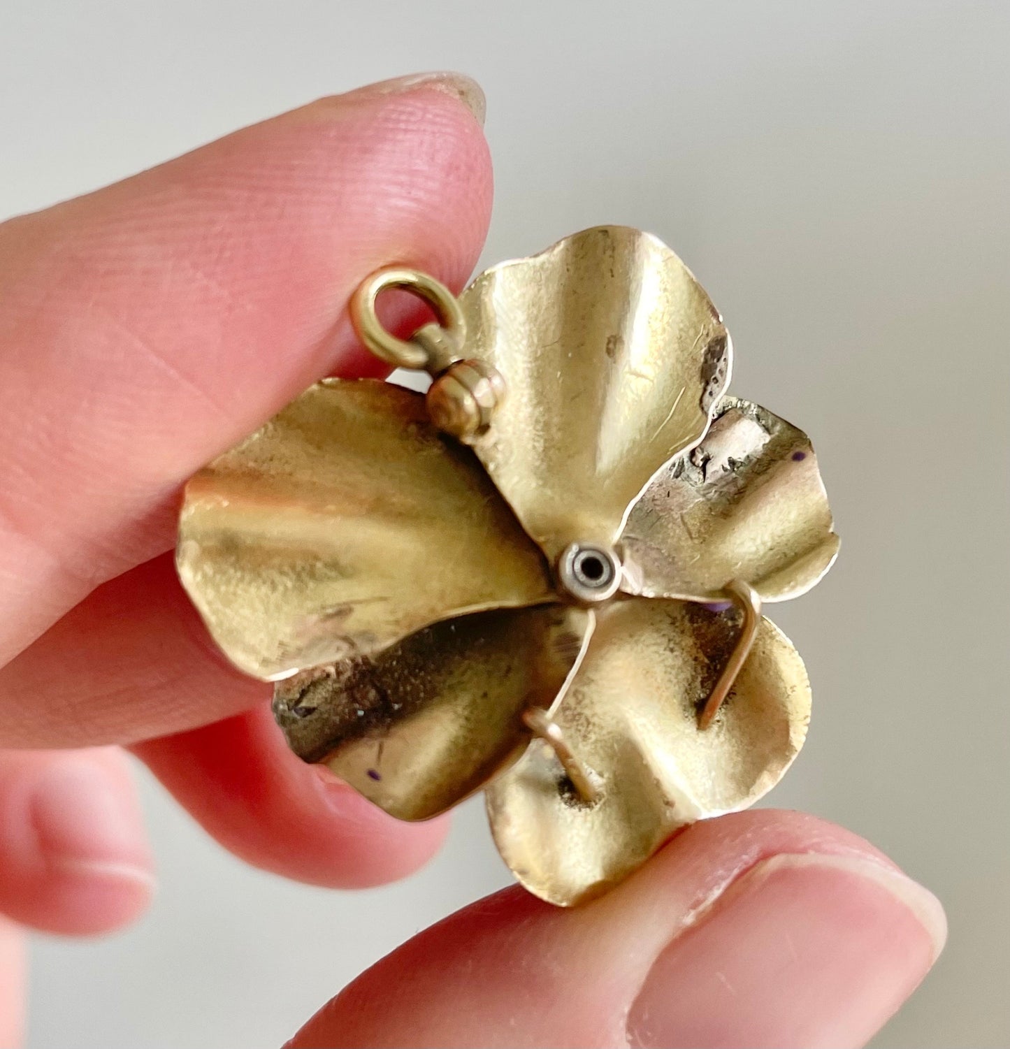 Victorian Enamel Pansy Diamond Pendant in 14 Carat Gold; Circa 1900