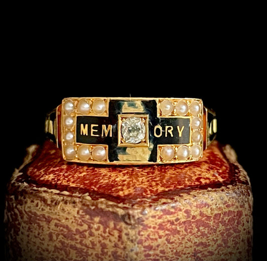 Antique Diamond & Enamel Mourning Ring with Inscription; Circa 1883