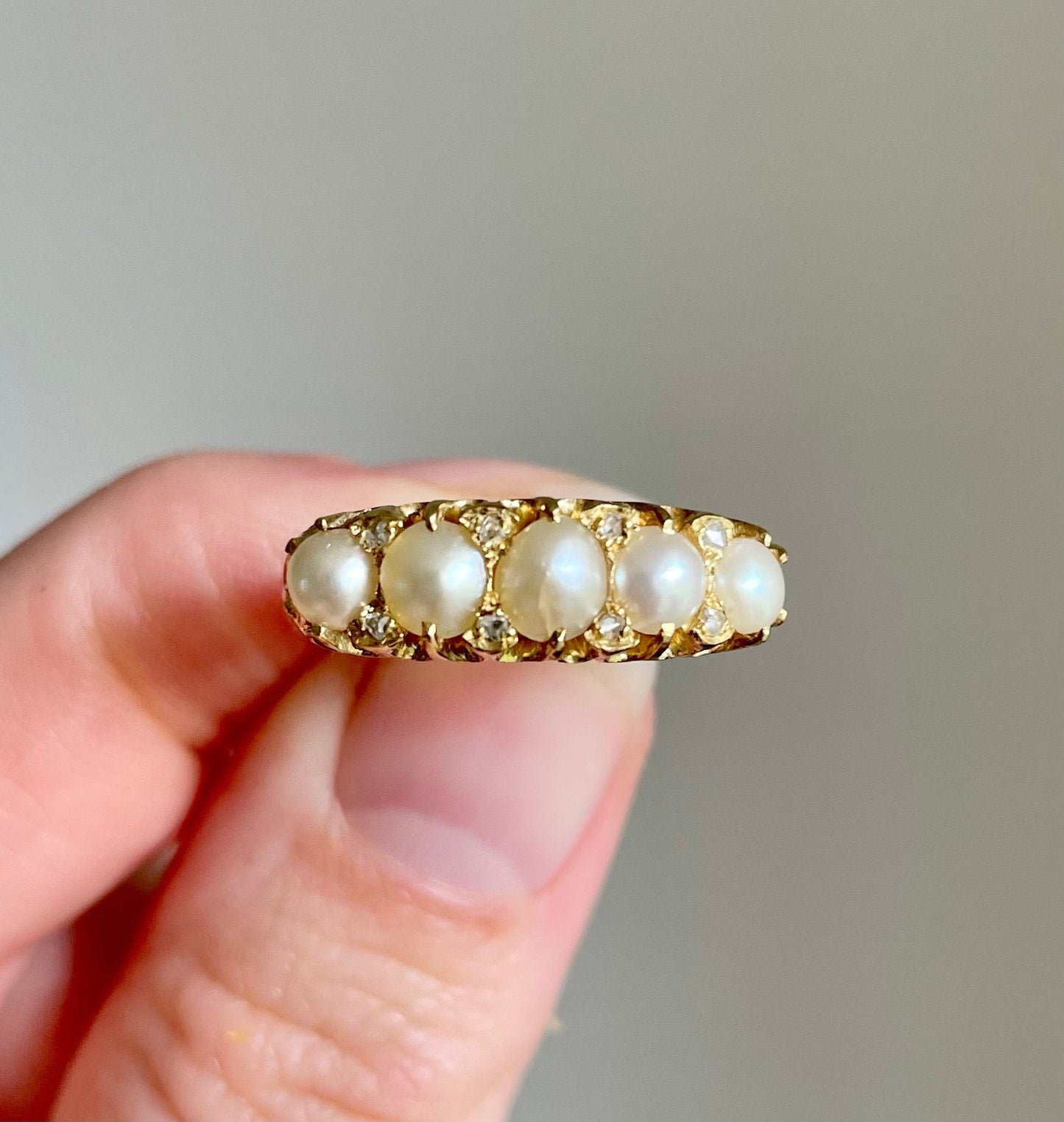 Antique Pearl & Diamond Ring in 18 Carat Gold; Circa 1880