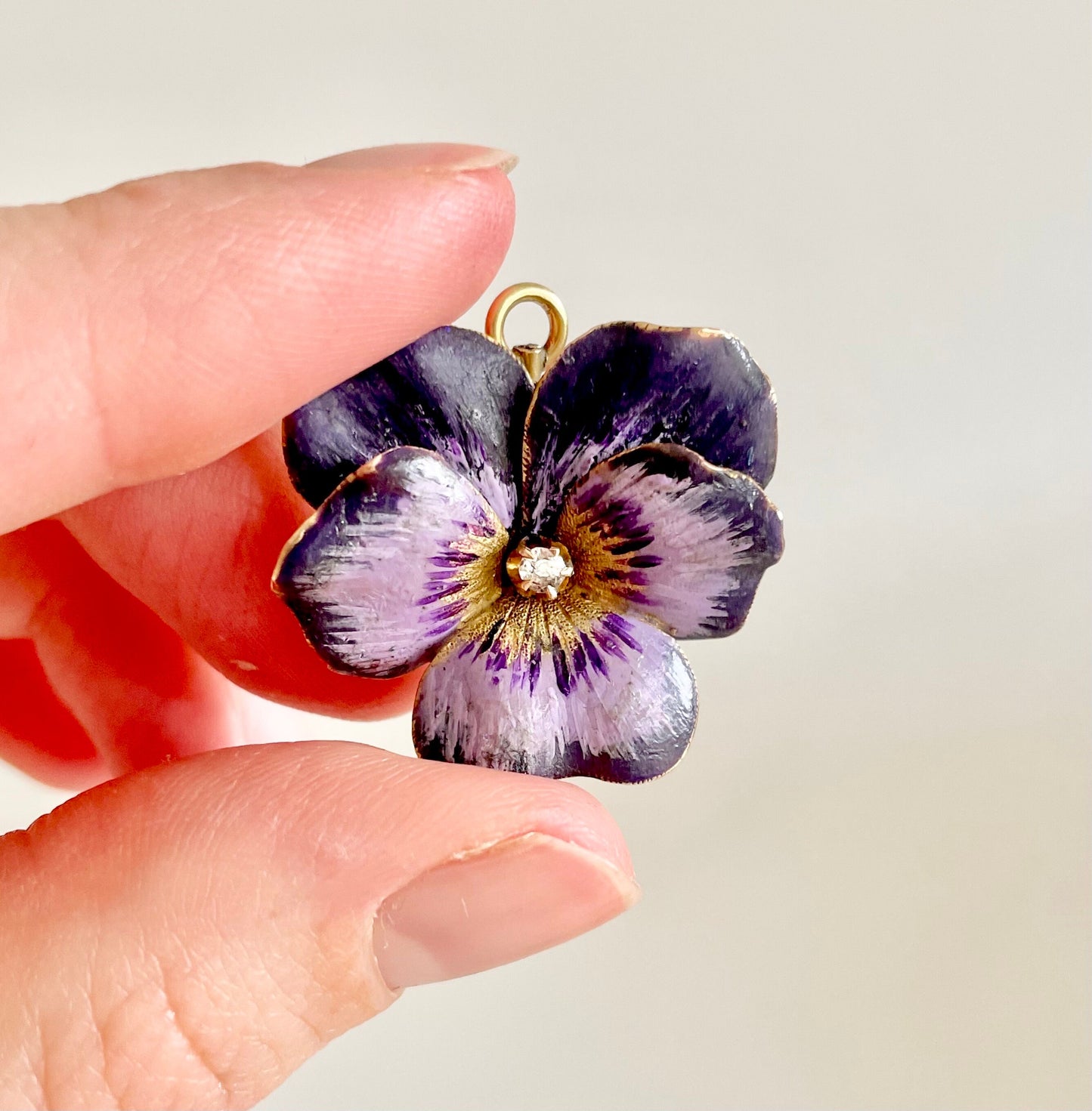 Victorian Enamel Pansy Diamond Pendant in 14 Carat Gold; Circa 1900