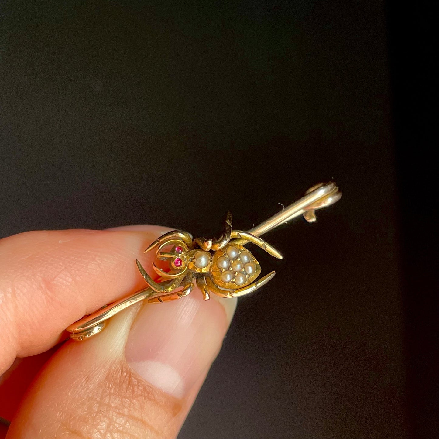 Victorian Spider Ruby and Pearl Brooch in 9 Carat Rose Gold; Circa 1890