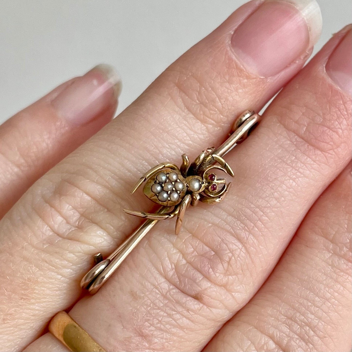 Victorian Spider Ruby and Pearl Brooch in 9 Carat Rose Gold; Circa 1890