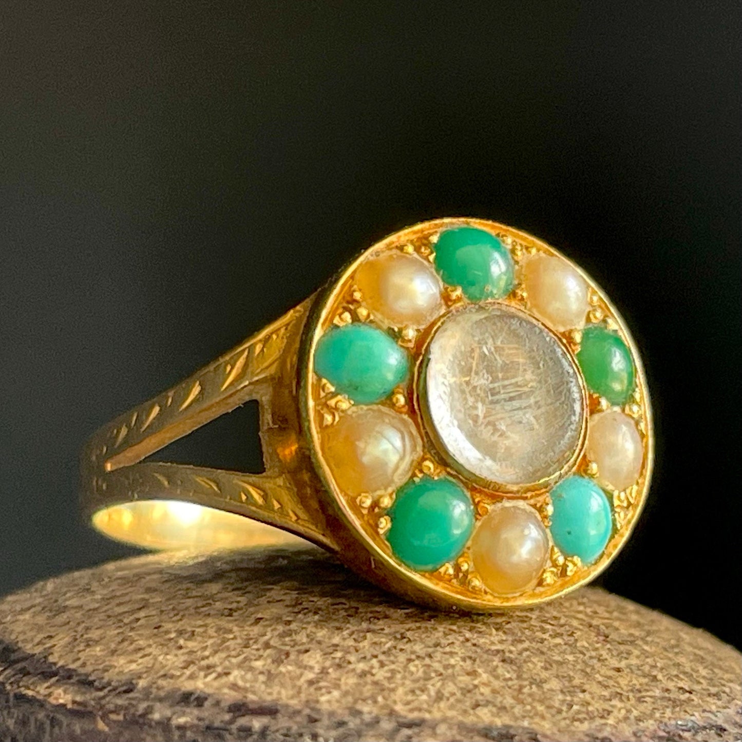 Victorian Mourning Locket Ring Set with turquoise & Pearl; Circa 1881