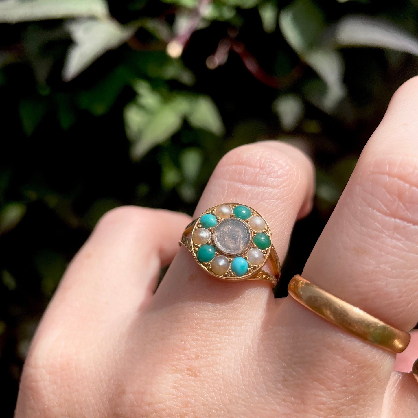 Victorian Mourning Locket Ring Set with turquoise & Pearl; Circa 1881