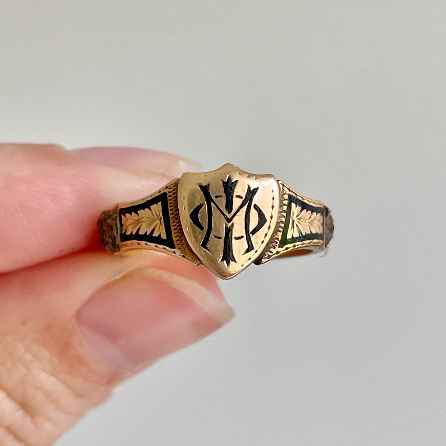Antique Enamel Mourning Ring in 18 Carat Rose Gold; Circa 1877