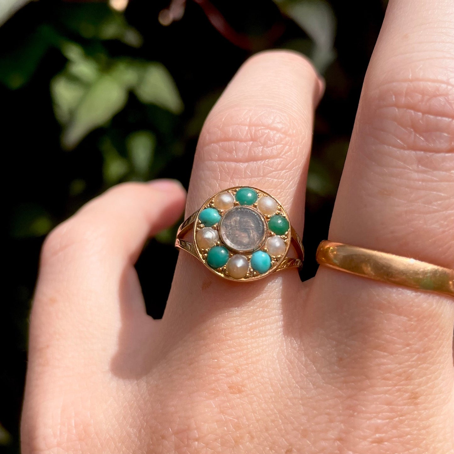 Victorian Mourning Locket Ring Set with turquoise & Pearl; Circa 1881