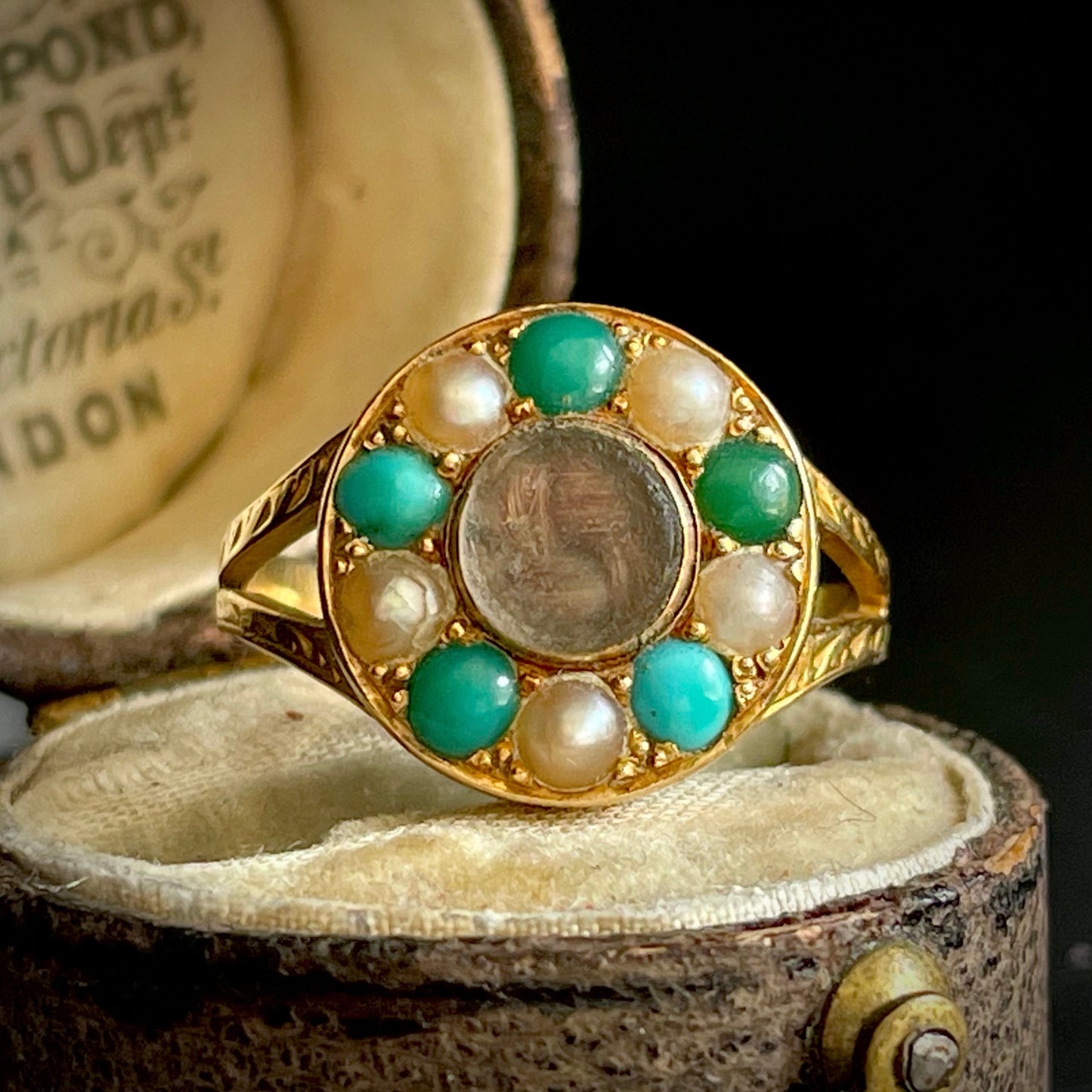 Victorian Mourning Locket Ring Set with turquoise & Pearl; Circa 1881