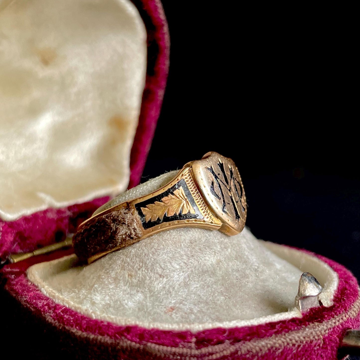 Antique Enamel Mourning Ring in 18 Carat Rose Gold; Circa 1877