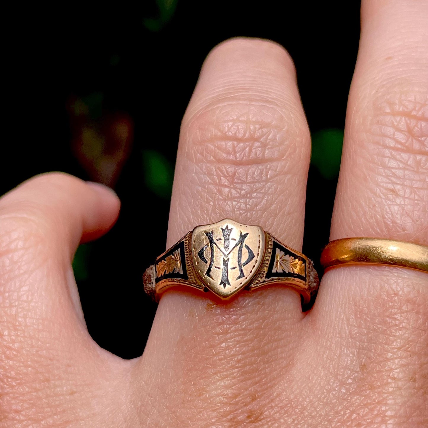 Antique Enamel Mourning Ring in 18 Carat Rose Gold; Circa 1877