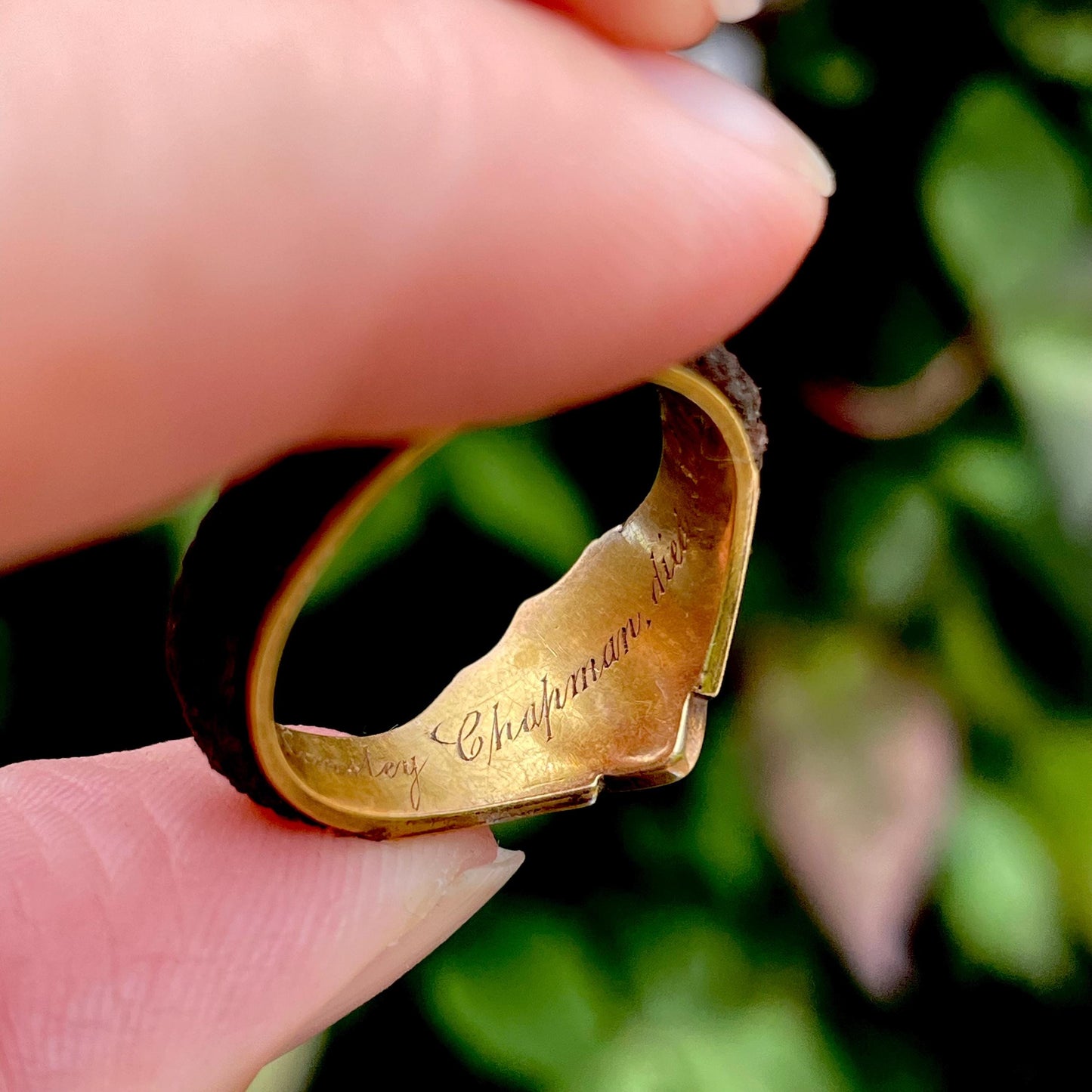 Antique Enamel Mourning Ring in 18 Carat Rose Gold; Circa 1877
