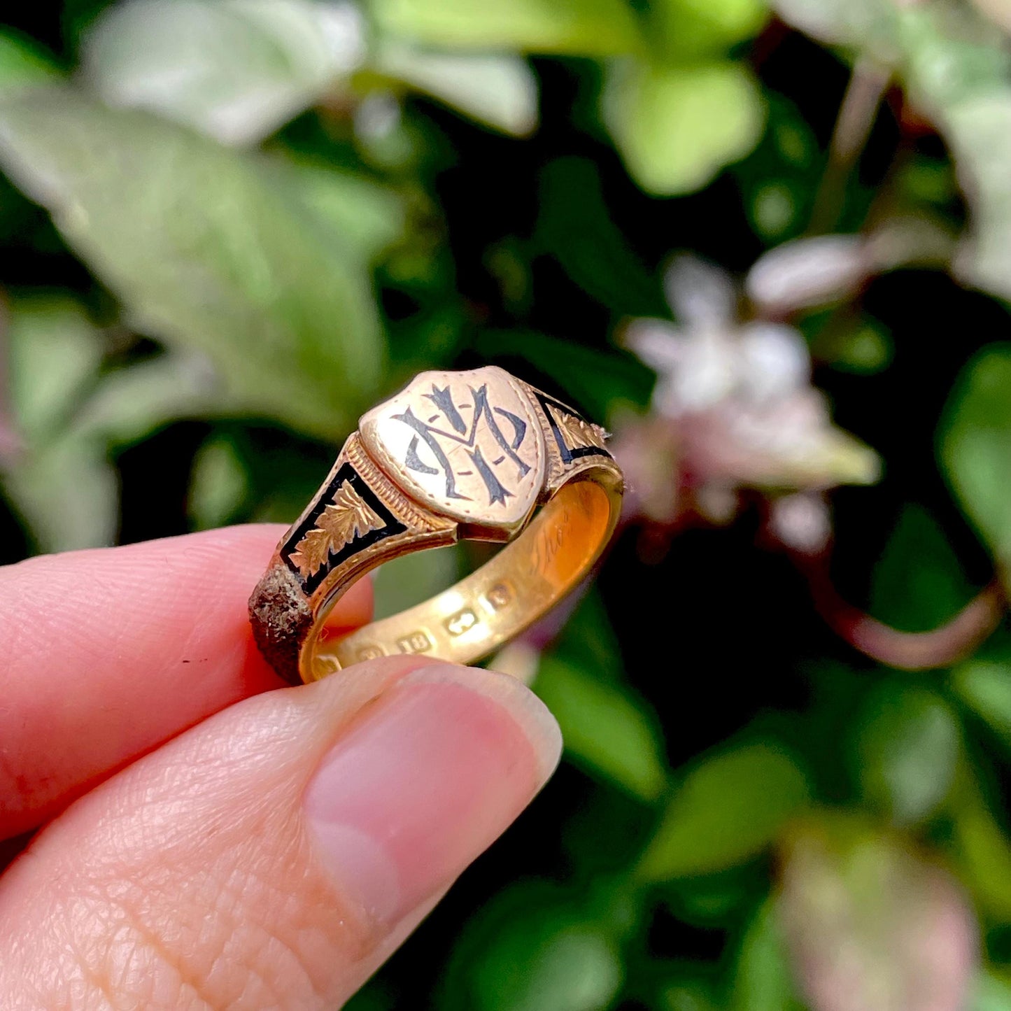 Antique Enamel Mourning Ring in 18 Carat Rose Gold; Circa 1877