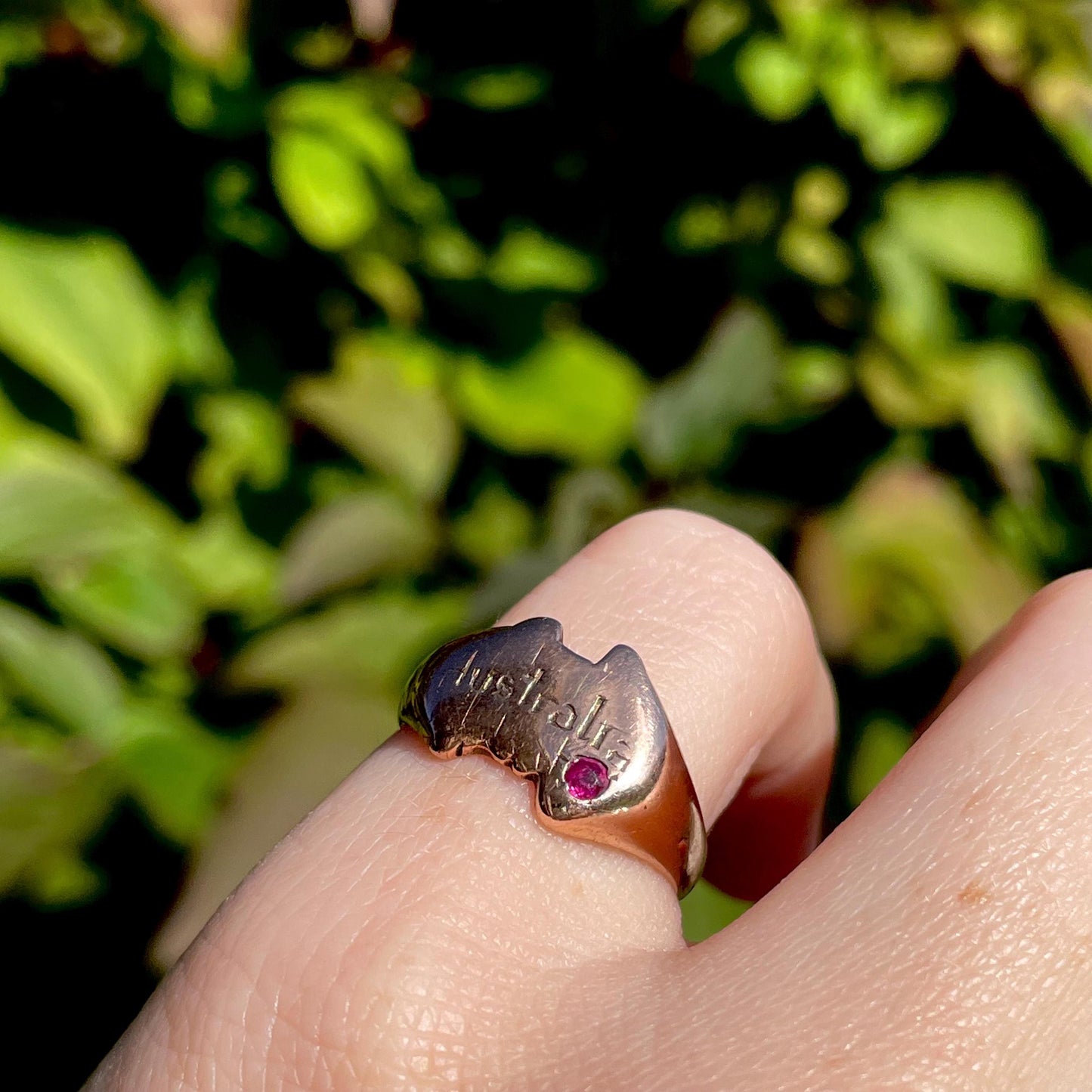 Antique Ruby Australian Signet Ring in 9 Carat Rose Gold; Circa 1900