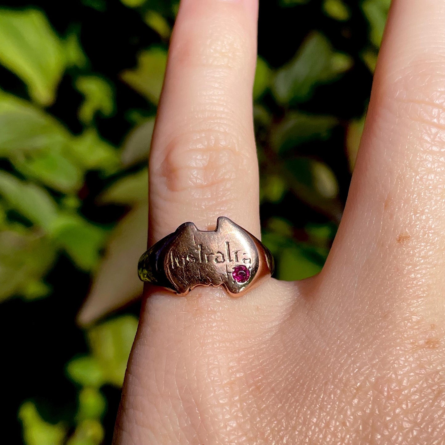 Antique Ruby Australian Signet Ring in 9 Carat Rose Gold; Circa 1900