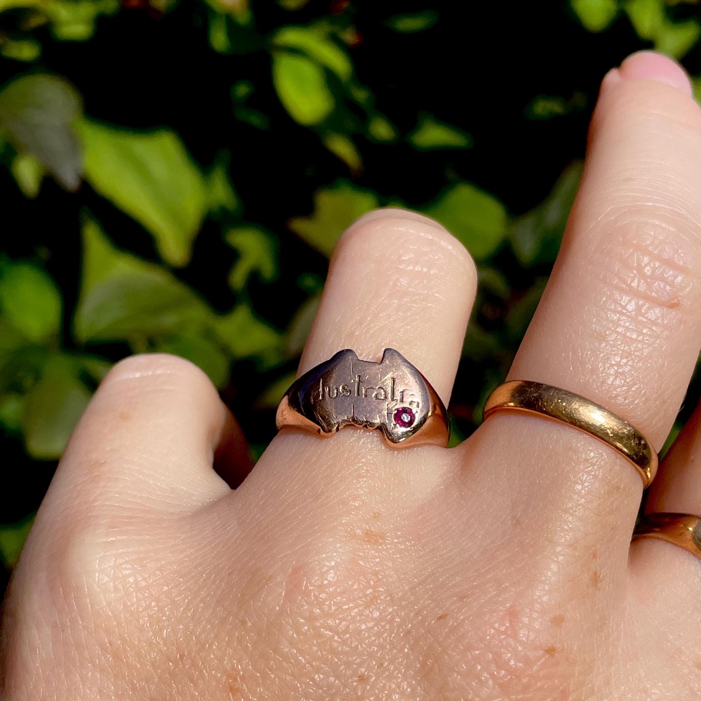 Antique Ruby Australian Signet Ring in 9 Carat Rose Gold; Circa 1900