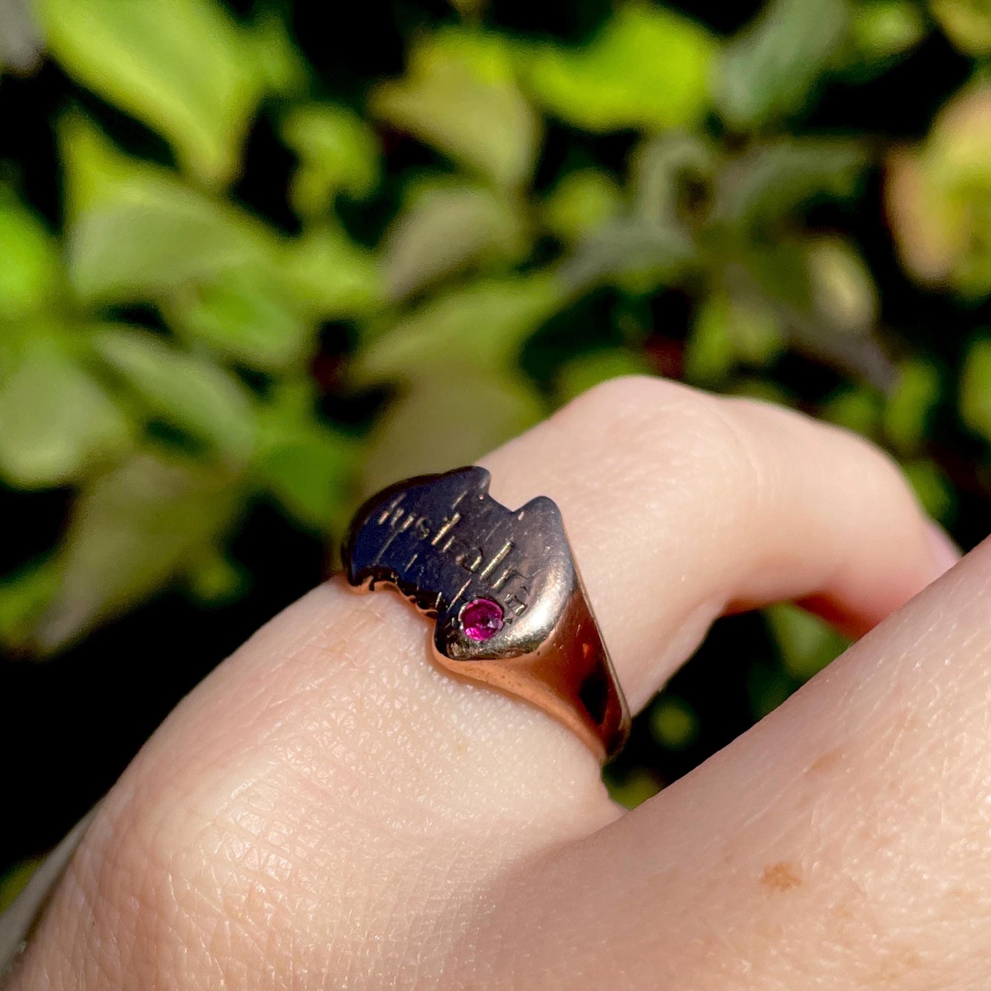 Antique Ruby Australian Signet Ring in 9 Carat Rose Gold; Circa 1900