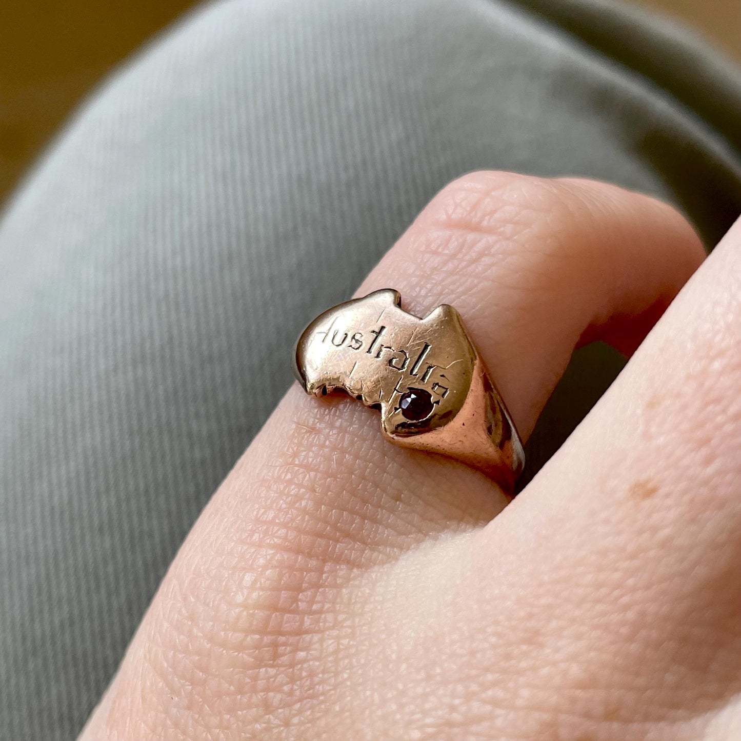 Antique Ruby Australian Signet Ring in 9 Carat Rose Gold; Circa 1900
