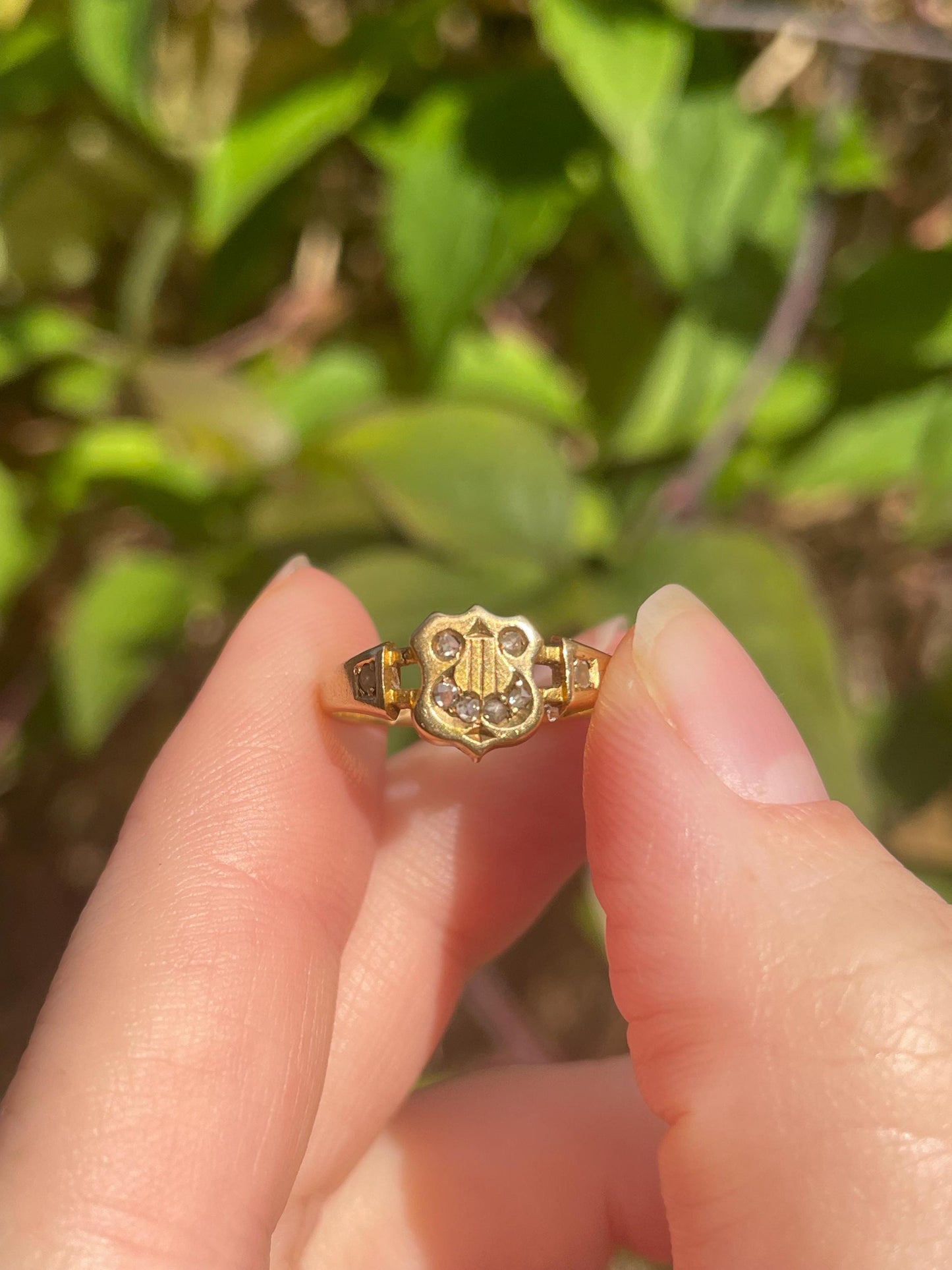 Victorian Diamond & Pearl Harp Ring in 18 Carat Gold, Circa 1885