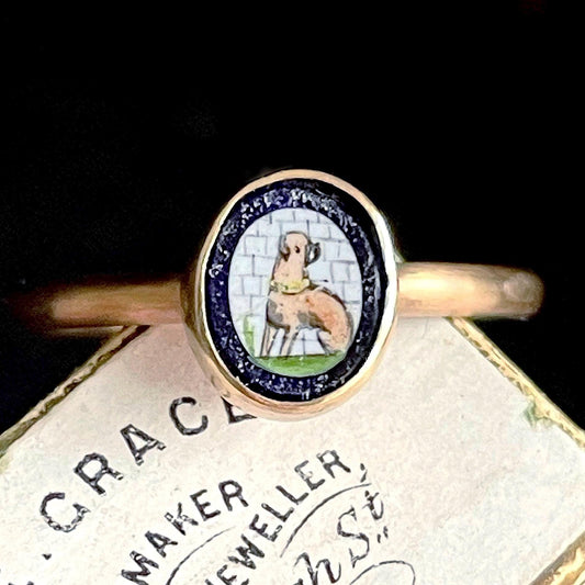 Victorian Painted Glass pug Dog Ring in 9 Carat Gold with BOX, circa 1890